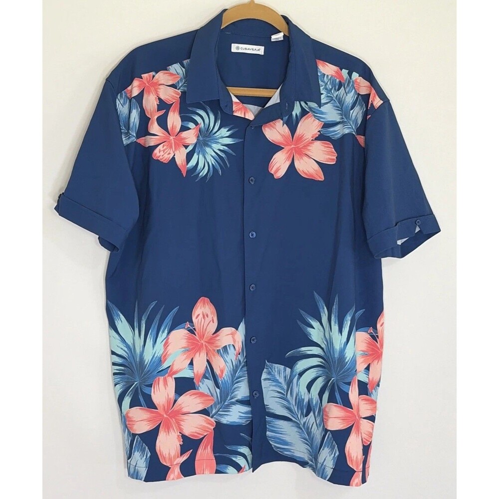 Cubavera Men's XL Tropical Floral Woven Button-Up Shirt Blue Cruise Beach EUC